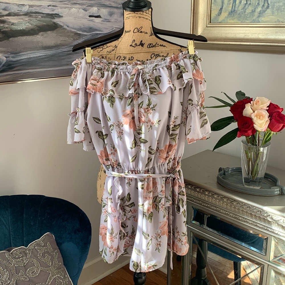 New WAYF designer floral ruffle romper blue pink $118 M coquette cottagecore